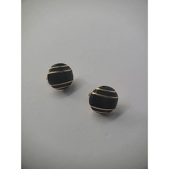 Vintage Monet Earrings Clip On Round Black Gold Tone Accents Jewelry Costume - Picture 8 of 11